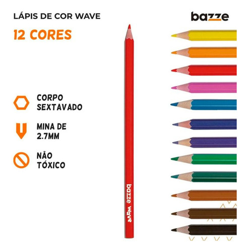 Lápis De Cor Sextavado Wave 12 Cores - Bazze