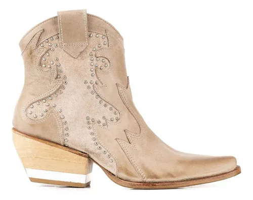 Botas Texanas Mujer Batistella Botineta Cuero Y Tachas Hueso