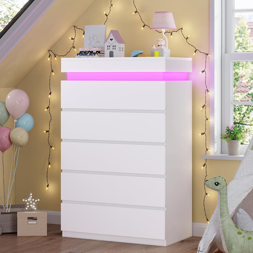 Haumous Cómoda Alta De 5 Cajones Con Luz Led Blanco