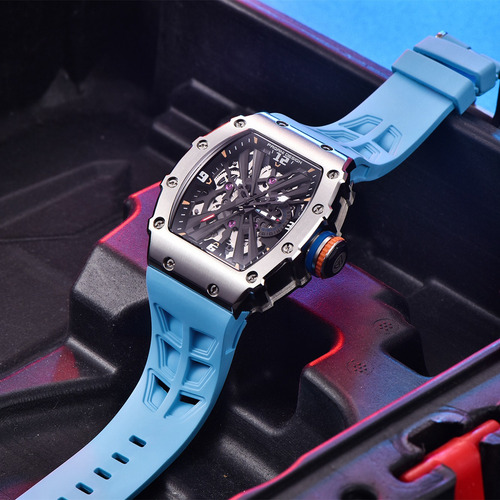 Reloj De Pulsera Analógico Ejecutivo Pagani Design Para Homb Correa Celeste Bisel Plateado Fondo Negro