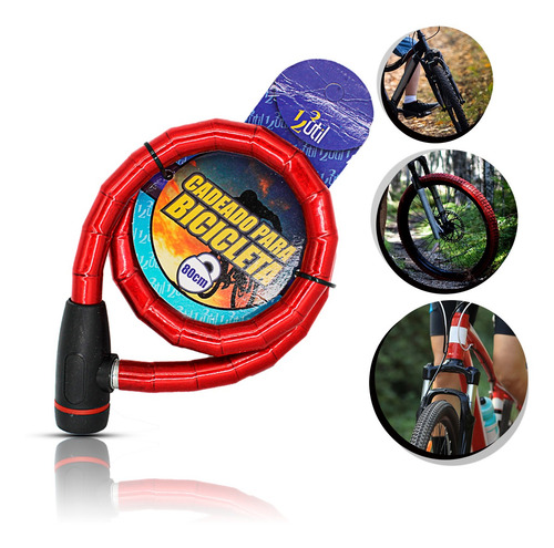 Imagem 1 de 7 de Cadeado Bike Moto 80cm Vermelho Corrente Tranca Bicicleta