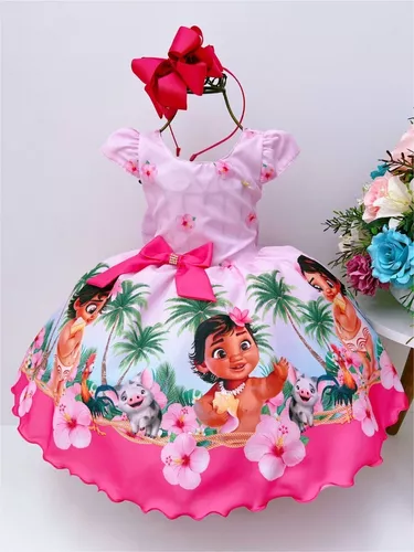 Vestido Infantil Moana Baby Rosa C/ Broche Luxo Princesas