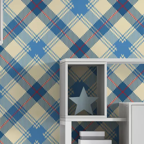 Papel de Parede Adesivo Vinil Xadrez Azul Bege Textura Losango Quarto Bebe  - Deliquadros