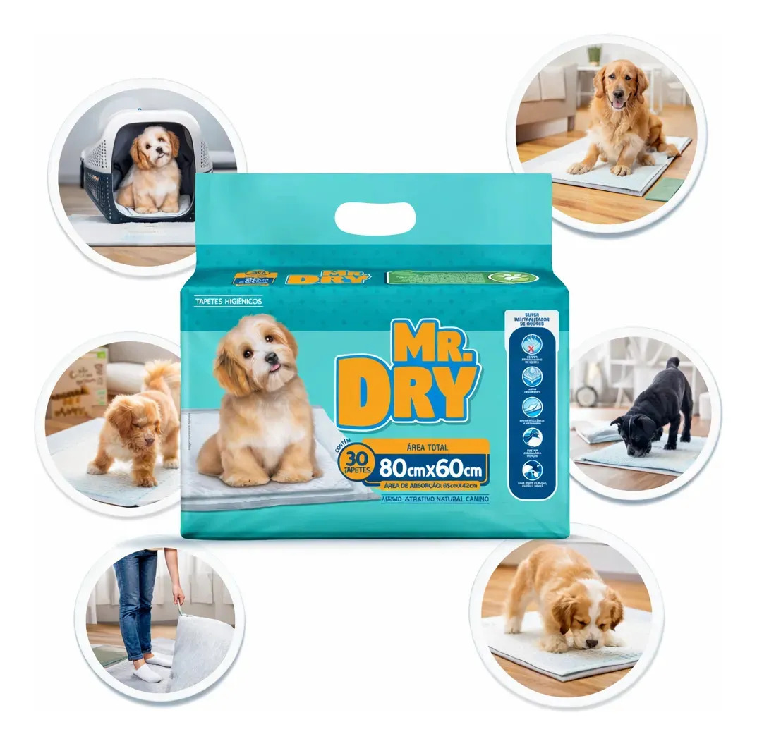 Pacote de tapete higiênico descartável para cães Mr. Dry modelo 80x60 cm com 30 unidades.