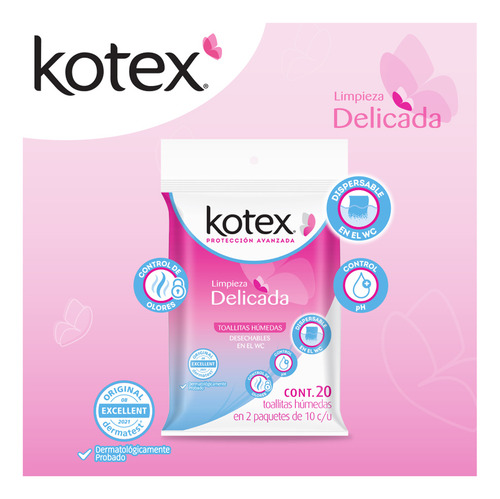 Toallas Higiene Intima Kotex Limpieza Delicada 20 Pza