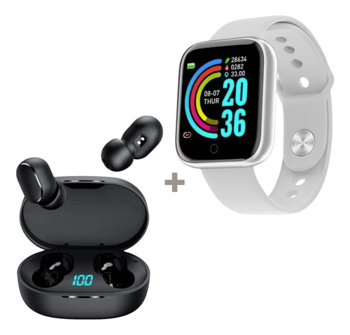 Kit Smartwatch Relógio Inteligente + Fone De Ouvido Sem Fio Cor Da Pulseira Prata/preto