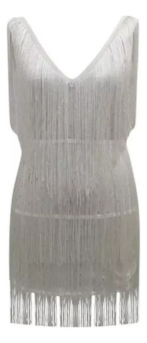 Vestido Femenino Con Decoración En V Cor Sólida Borla Sem Ma