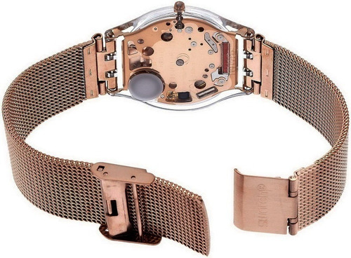 Reloj pulsera Swatch Originals Hello darling de cuerpo color transparente, analógico, para mujer, fondo rosa dorado, con correa de acero inoxidable color rosa, agujas color plateado, dial rosa, bisel color transparente y hebilla de gancho