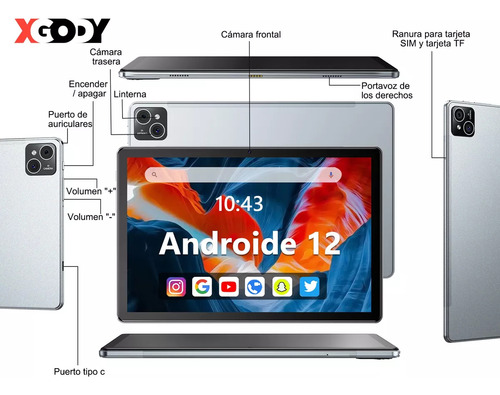 Tablet Xgody Tab10pro Android 12 10.1" Color Gris Oscuro 16Gb de Ram 256Gb de Rom 4G Dual Sim 2tb Tf Expansión Octa-core 2.0GHz 8000Mah Certificación Google GMS con Funda Magic Teclado Xgody