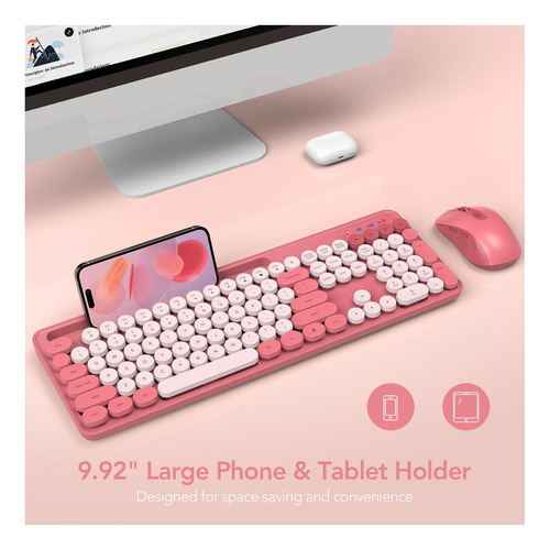 Combo De Teclado Y Mouse Inalámbricos, Teclado Retro Redondo Rosa.