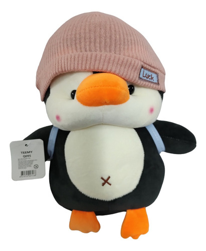 Peluche Pingüino Gorro Rosado Y Mochila 30cm De Alto