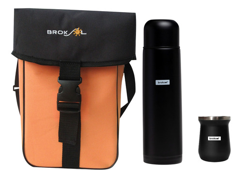 Kit Termo 1 L + Mate Acero Inoxidable Termico Negro + Bolso 