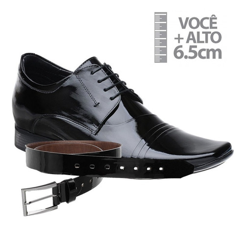 Sapato Com Altura Jota Pe Preto Grow Air Verniz + Cinto 1...