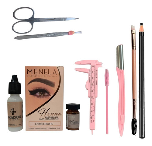 Kit Henna Menela Sobrancelha Profissional Pincel Lápis Pinça Cor Loiro Escuro