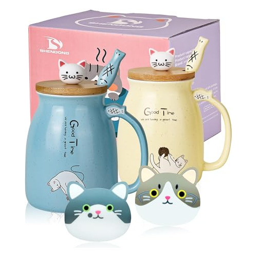 Shendong 2 Pack Cat Mugs Cute Ceramic Coffee Cups Set Rmggg