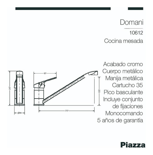 Imagen 4 de 10 de Canilla Cocina Piazza Grifo Metal Monocomando Griferia Cromo