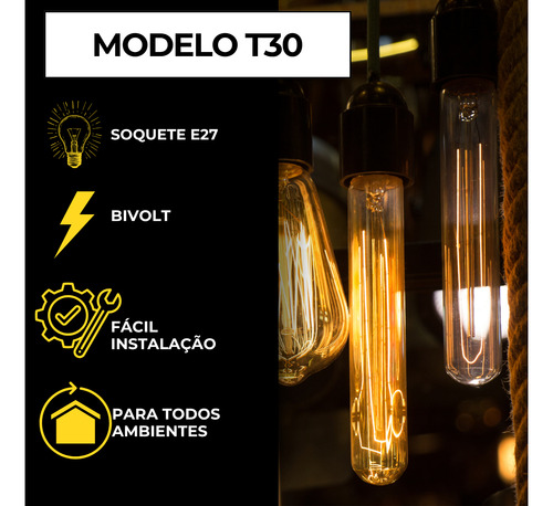 Kit 3 Lâmpada T30 Thomas Edison Led Vintage Retrô - E27 6w