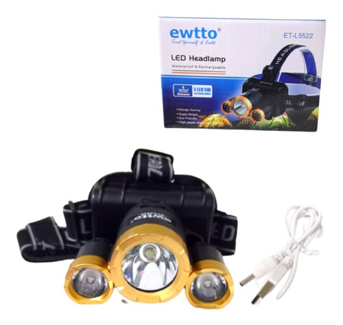 Linterna Frontal Recargable 3 Led 5w Alto Brillo Ewtto L5522
