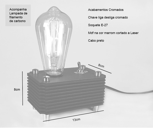 Imagem 2 de 10 de Abajur Box Vintage Madeira + Lampada Retrô Industrial 110 V
