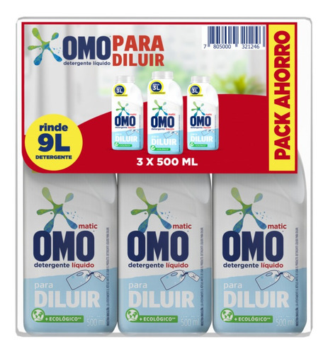 Imagen 1 de 2 de Omo Detergente Líquido Para Diluir 3 Unid De 500ml 3lt C/u