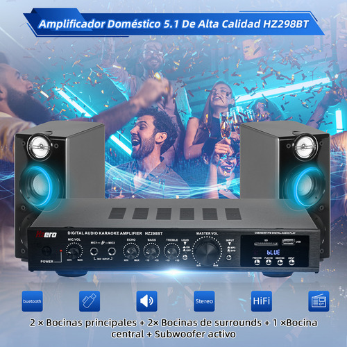 Amplificador De Audio Bluetooth Hzero Hz298bt 5.1 Estereo Color Negro Potencia De Salida Rms 2000 W Voltage 127v, Con Control Remoto, Compatible Con Usb/sd