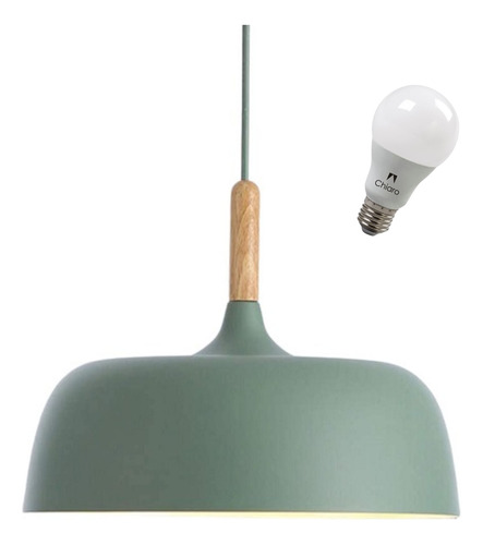 Lampara Led 12w + Campana Verde Menta Y Madera 33cm Chiaro