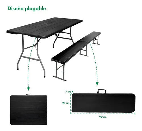 Mesa Plegable Picnic 180cm + 2 Bancos Plegables Garden Life Negro