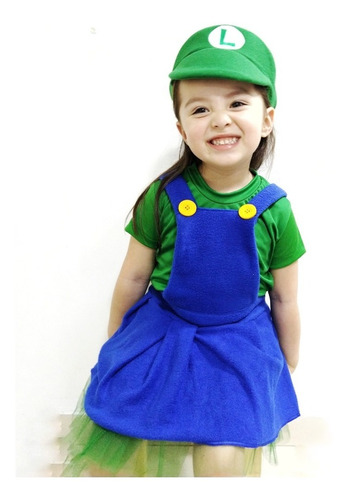 Imagen 2 de 2 de Disfraz Niña Vestido Luigi Mario Bros Falda Lindos Disfraces
