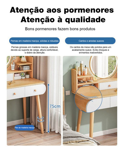 Penteadeira Para Salão De Maquiagem Com Espelho Led E 4 Gavetas 100x40cm Nogueira Clara Moderna Yesop