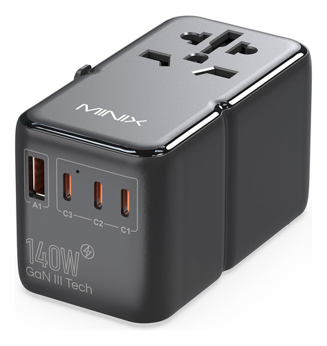 Adaptador De Viaje Minix Tp140 140w Gan Iii 4 Usb-c 1 Usb-a