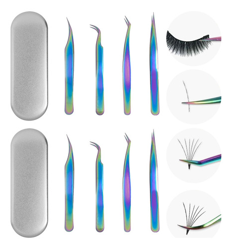 2 Kit De 8 Pinzas Para Pestañas Titanio De Color Con Caja