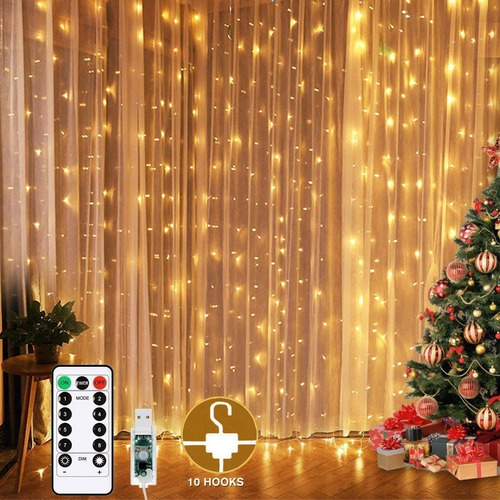 Cortina De Luces Led Usb 3x3m Decoración Blanco Cálido 8modo
