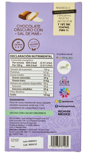 Imagen 3 de 7 de Barra De Chocolate Oscuro Con Sal De Mar Xoco Maya