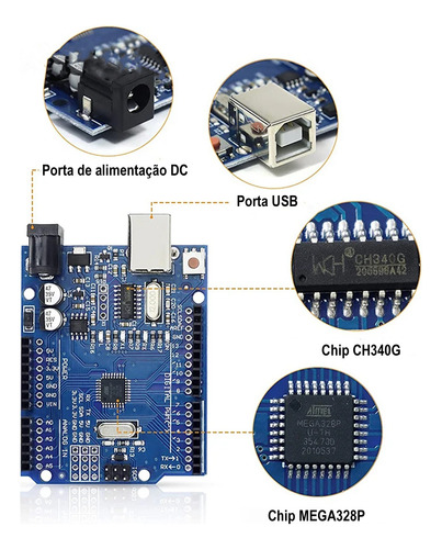Kit Arduino Uno R3 Iniciante Com Protoboard E Cabos