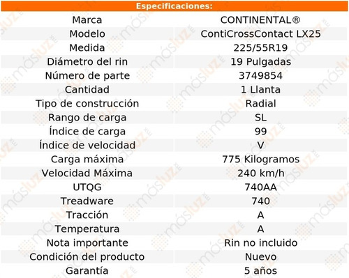 1 Llanta Conticrosscontact Lx25 Continental 225/55r19 99v Sl