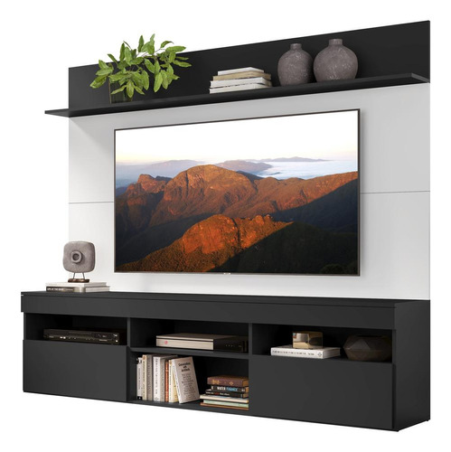 Rack Com Painel Tv 65  Madri Multimóveis V3365 Cor Preto/Branco/Preto