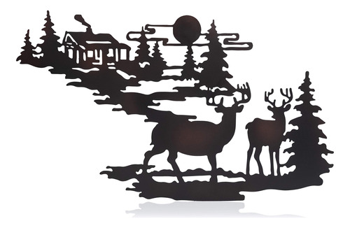 Deer &amp; Woodland Cabin Metal Wall Art, Iron Deer Rus...