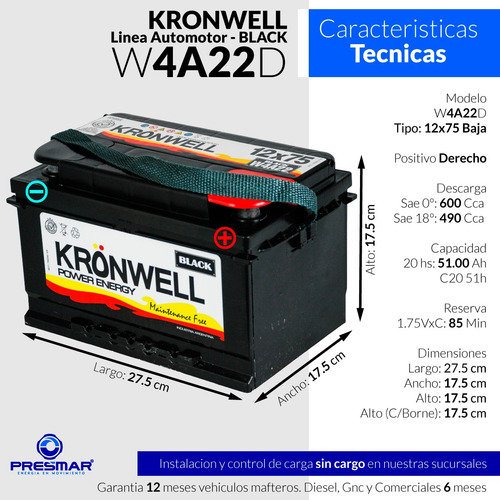 Imagen 2 de 10 de Bateria Kronwell 12x75b Baja 12v 75bah W4a22