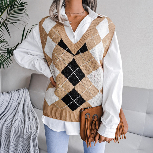 Chaleco De Punto Suelto Casual Con Cuello En V De Rombos