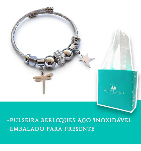 Bracelete Feminino Aço Inox Cirúrgico Cor Prata Berloque
