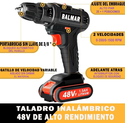 Imagen 2 de 7 de Taladro Atornillador Inalámbrico Con 2 Batería De Litio