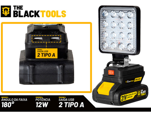 Lanterna Refletor Lampada Luz Led 12w Com Bateria 21v Portátil Recarregável 127/220v Bivolt Brl400x The Black Tools