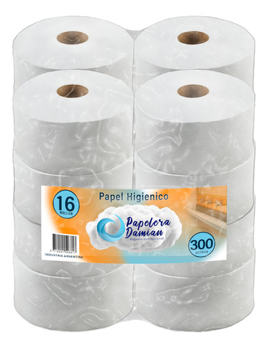 Papel Higiénico Blanco Tissue Jumbo 300mt Papelera Damian Pack De 16 Rollos Cono Chico Para Dispenser Industrial