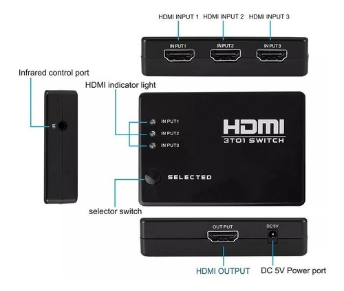 Imagem 3 de 10 de Chave Seletora Switch Hdmi 3 Ent 1 Saída Controle Mxt Rm501