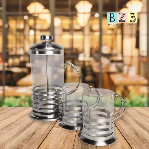 Set Juego Cafetera Embolo 600ml + 2 Tazas Café Te 200 Ml Bz3