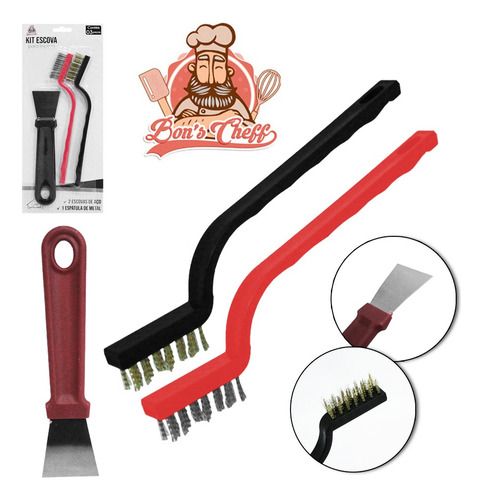 Escova De Aco Com 2 Pecas + Espatula De Metal Cabo Plastico