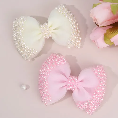 Tulle Bow Barrettes With Pearls For Women's Girls' Hair 2 Dx