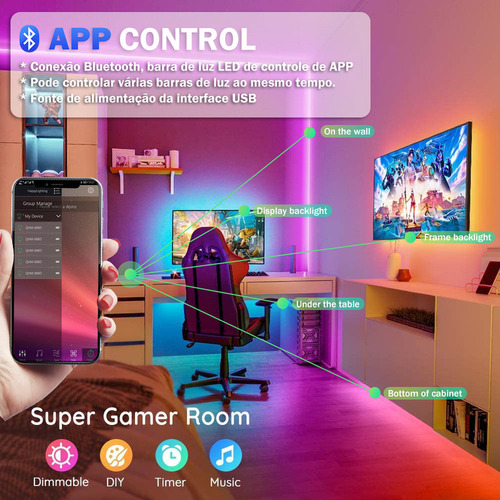 Kit Iluminação 5m Luz Led Para Quarto Com Controle Remoto
