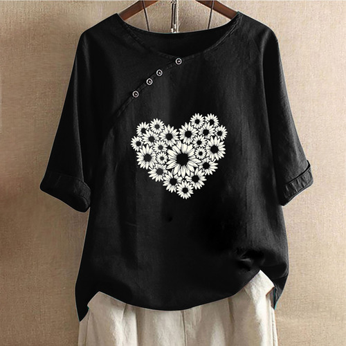Top Casual De Manga Corta Con Botones Y Cuello Redondo Para