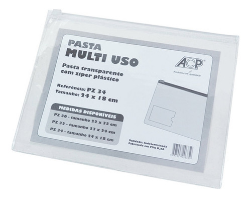 Pasta Zíper Multiuso Transparente 24x18 Acp Cristal